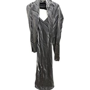 Cicci Metallic Silver Evening Gown Beaded with shawl Size Large Y2K Formal Prom